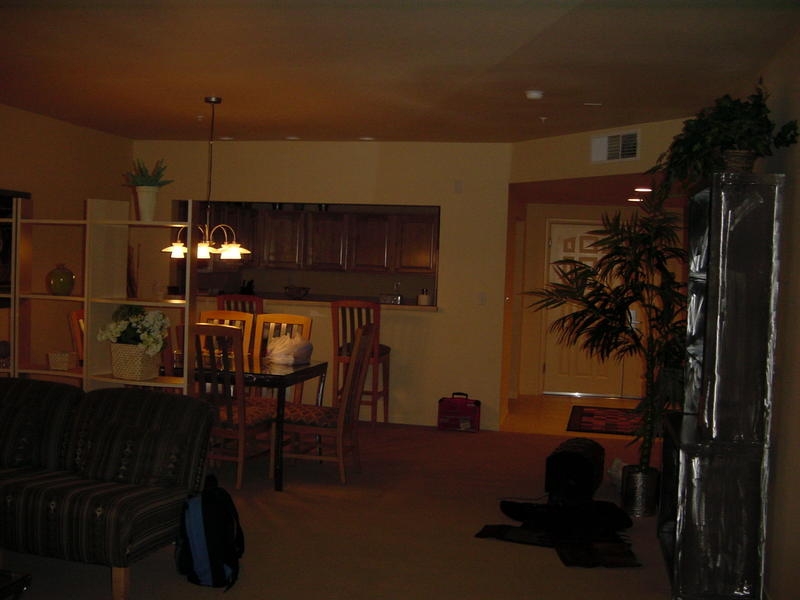 The dining area and kitchen, taken from the living room.